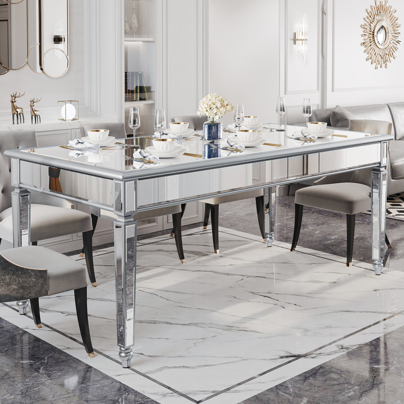 House of Hampton Mirrored Glass Top Dining Table With Solid Wood Legs Reviews Wayfair